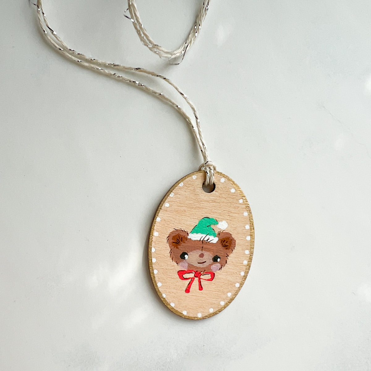 Holiday Christmas Bear Hand Painted Oval Wood Tag Gift Topper Ornament