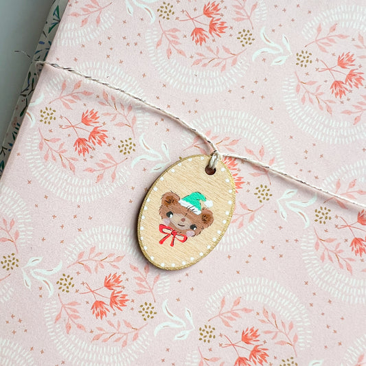 Holiday Christmas Bear Hand Painted Oval Wood Tag Gift Topper Ornament