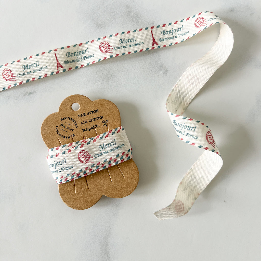 Bonjour Merci Airmail Printed Cotton Ribbon | 1 yard