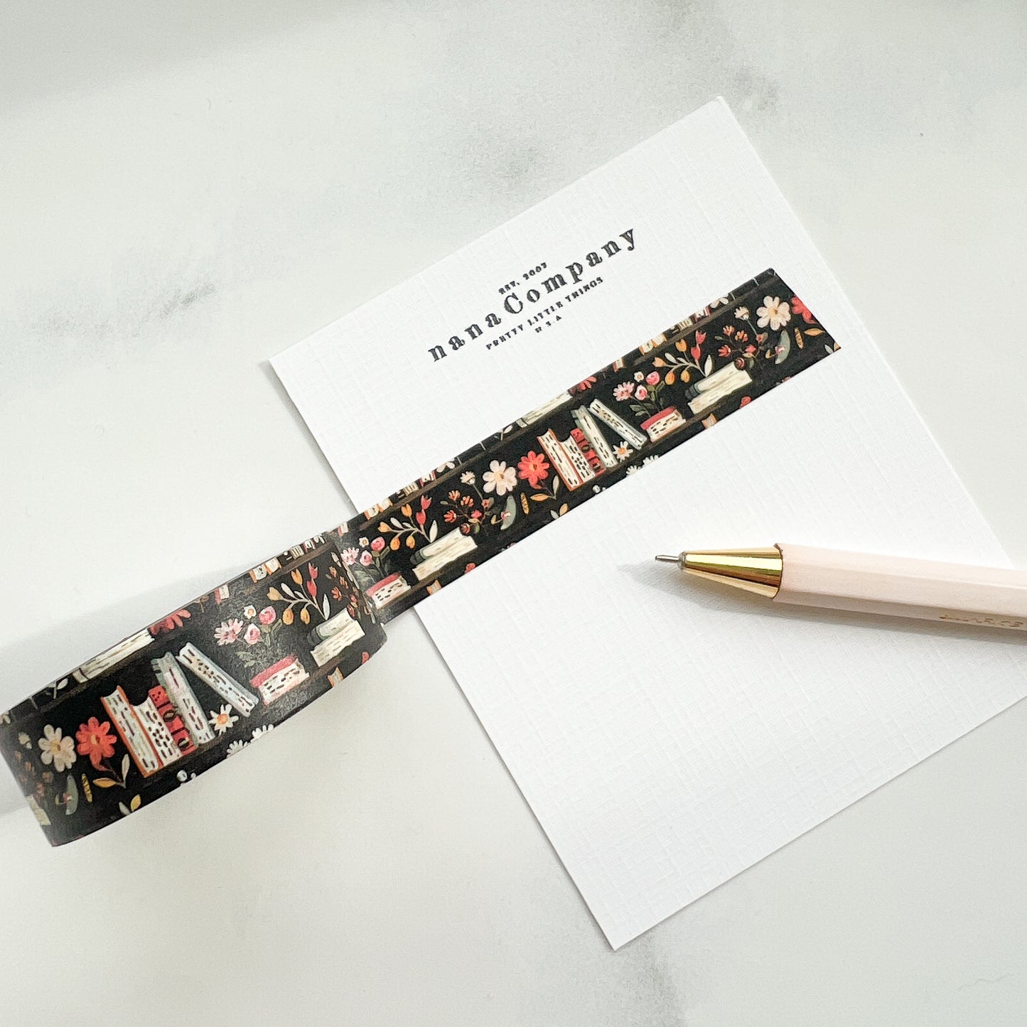 Floral Books on Black Washi Tape | Long roll