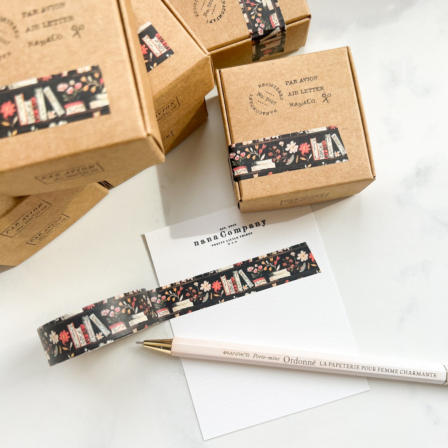 Floral Books on Black Washi Tape | Long roll
