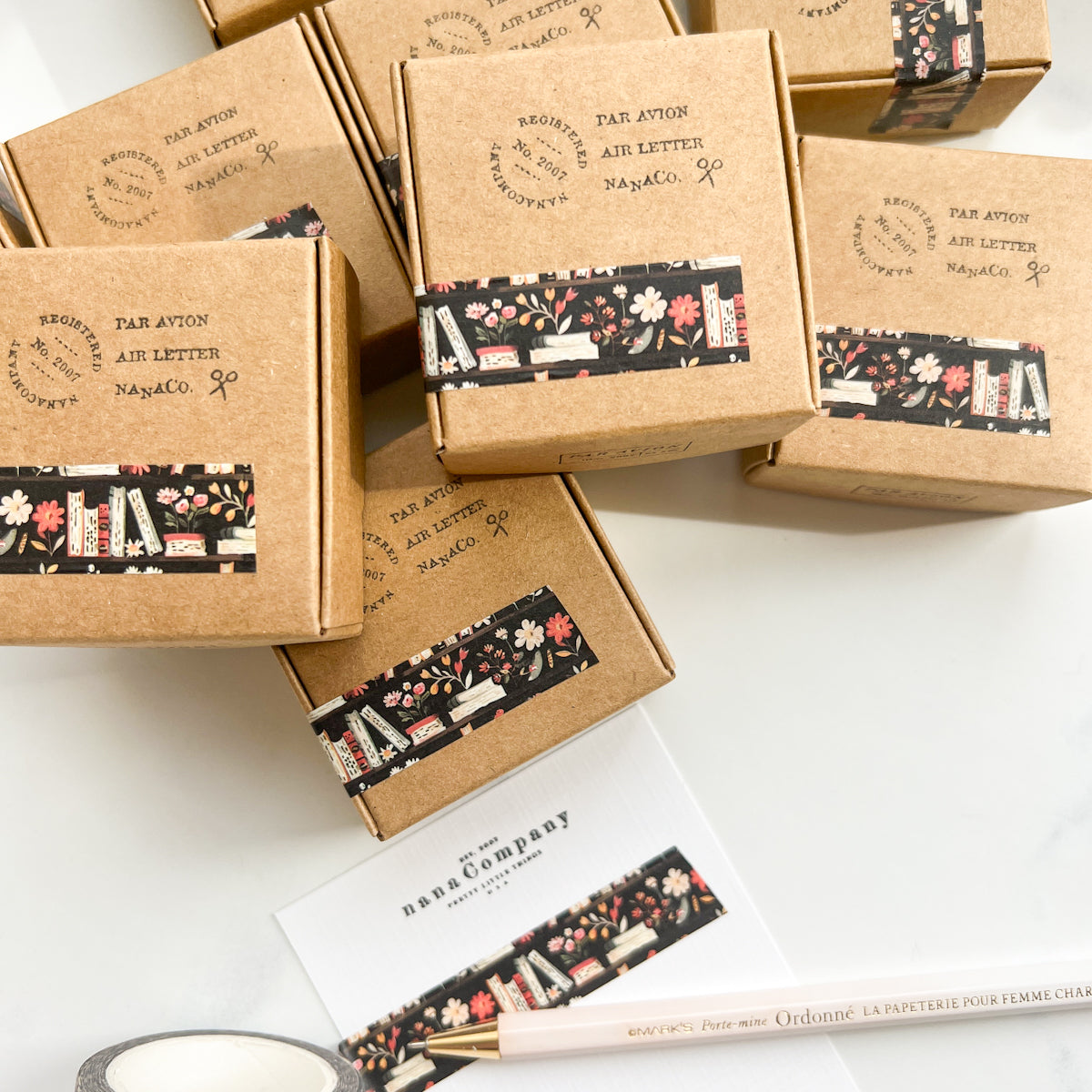 Floral Books on Black Washi Tape | Long roll