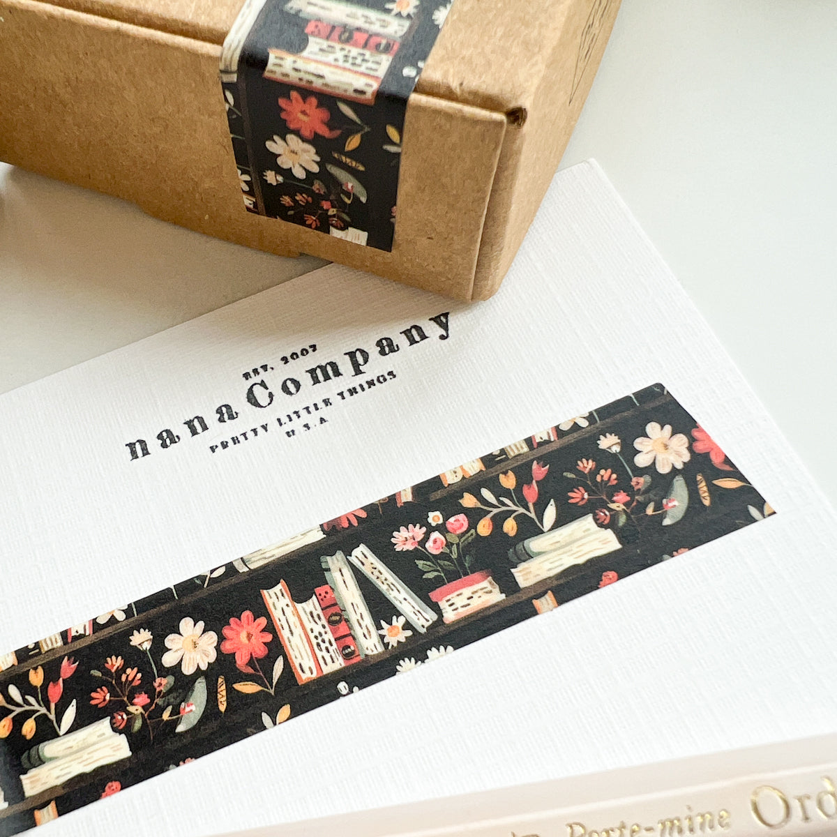 Floral Books on Black Washi Tape | Long roll