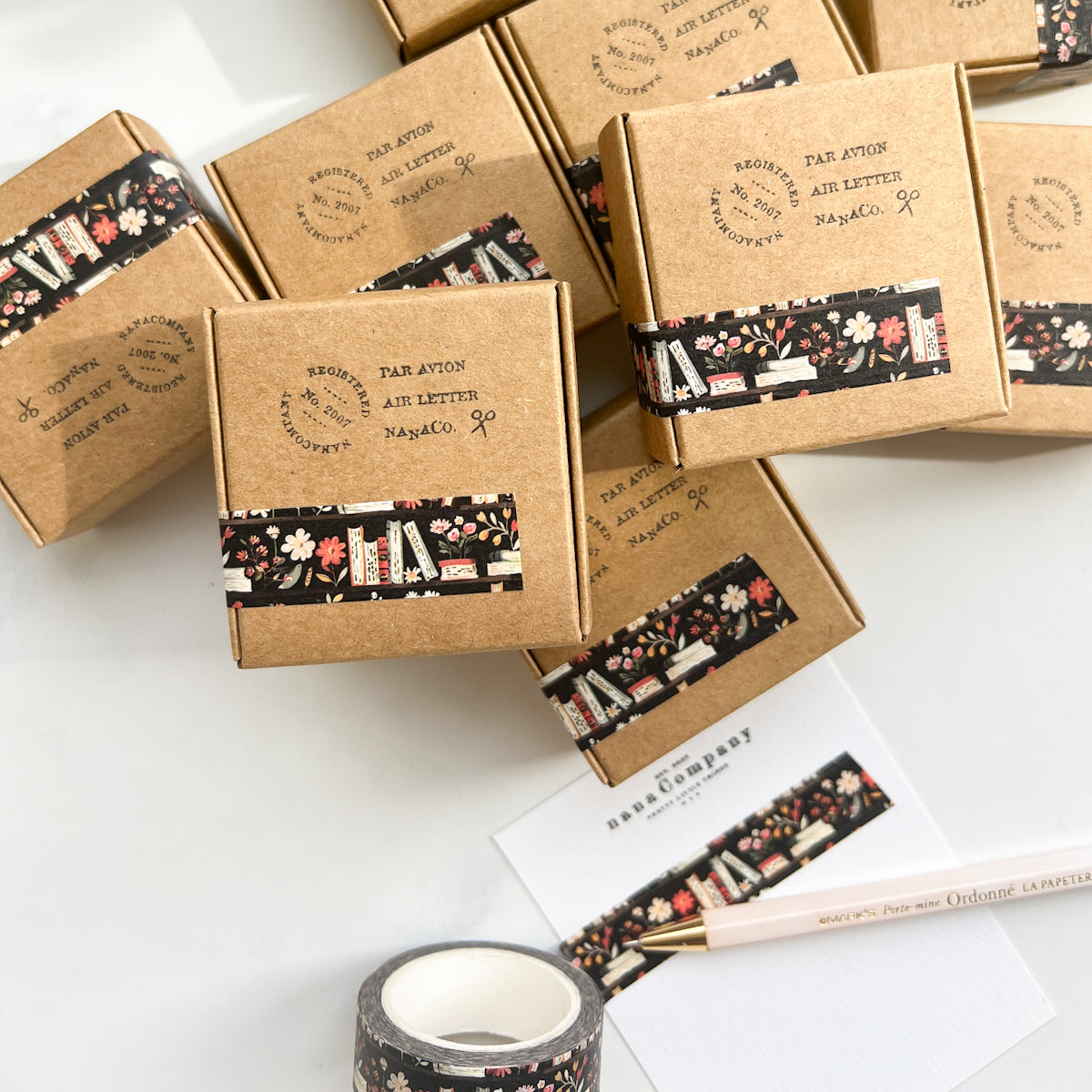 Floral Books on Black Washi Tape | Long roll