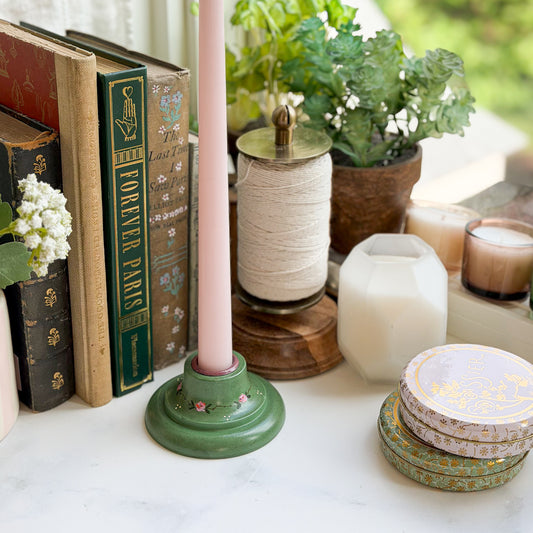 Hand Painted Green Cottage Core Aesthetic Candle Holder