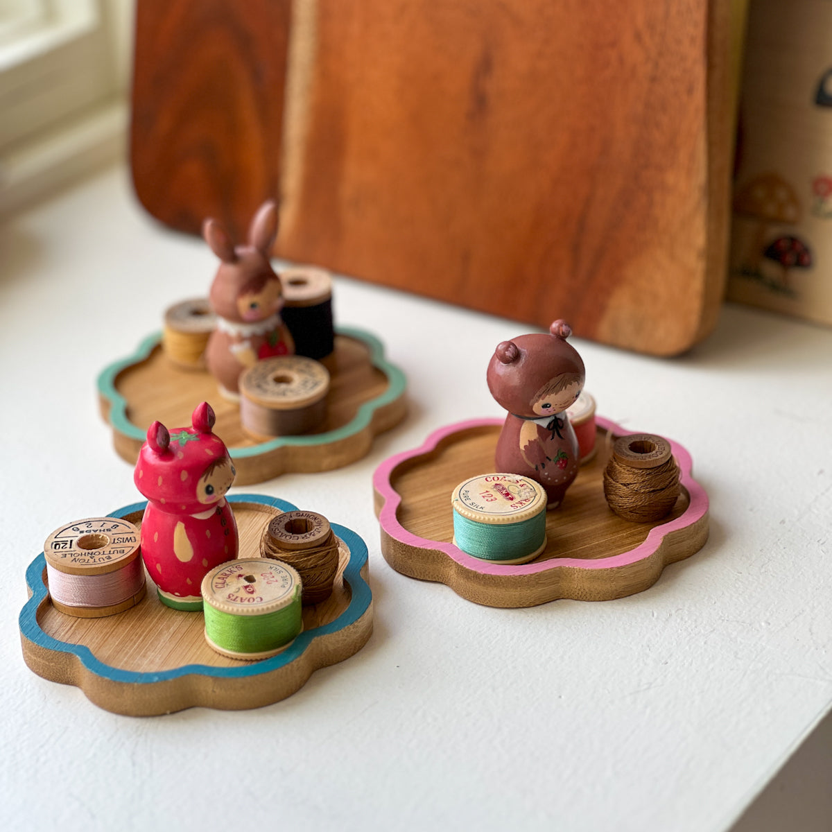 Hand Painted Cute Critter Thread Spool Wood Tray | Choose Style