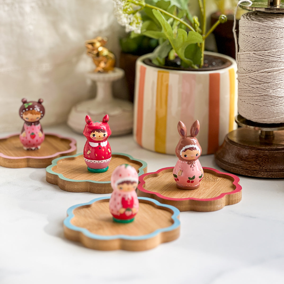 Hand Painted Strawberry/Cherry Girl Thread Spool Wood Tray | Choose No.20, 21, 22, 23