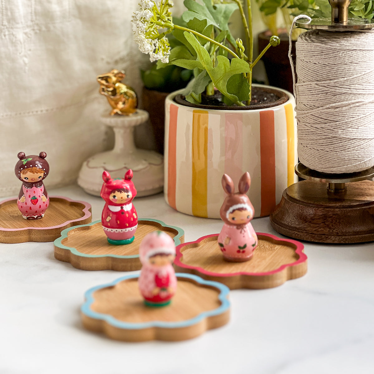 Hand Painted Strawberry/Cherry Girl Thread Spool Wood Tray | Choose No.20, 21, 22, 23