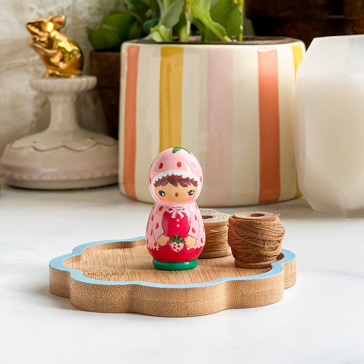 Hand Painted Strawberry/Cherry Girl Thread Spool Wood Tray | Choose No.20, 21, 22, 23