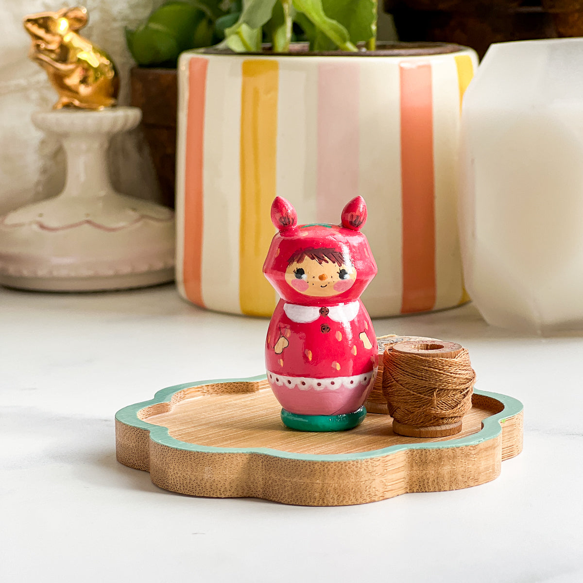 Hand Painted Strawberry/Cherry Girl Thread Spool Wood Tray | Choose No.20, 21, 22, 23