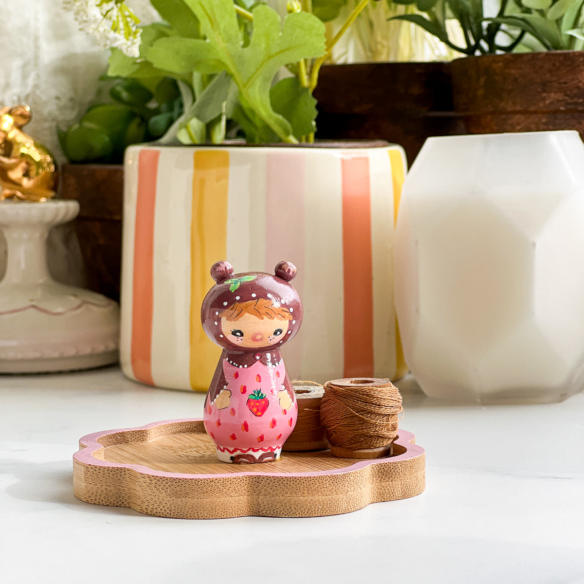 Hand Painted Strawberry/Cherry Girl Thread Spool Wood Tray | Choose No.20, 21, 22, 23