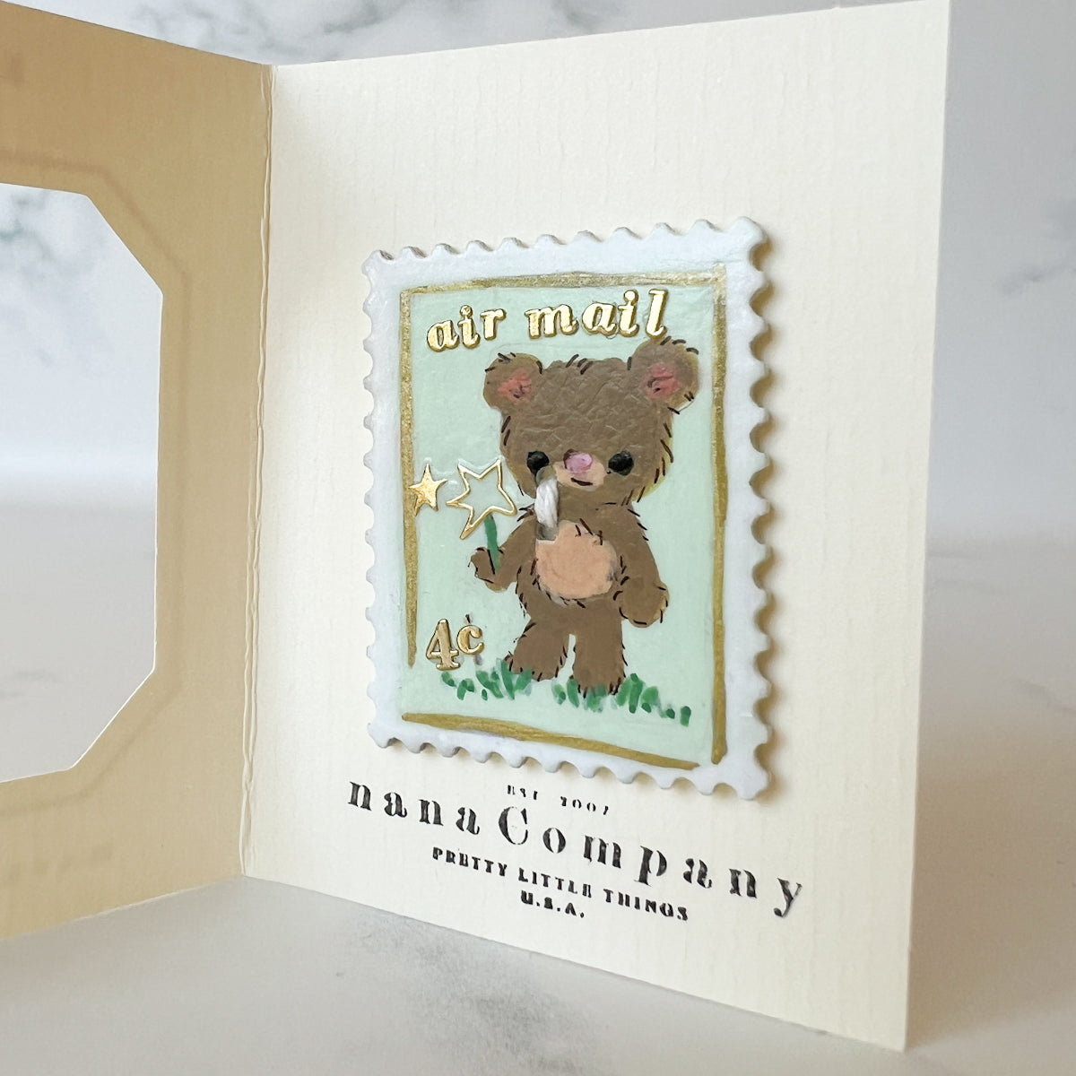 Handpainted Green Bear Stamp Button - One of a Kind