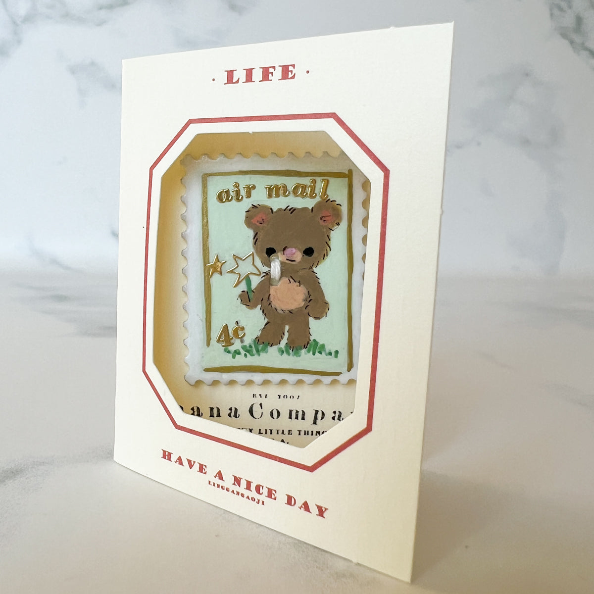 Handpainted Green Bear Stamp Button - One of a Kind