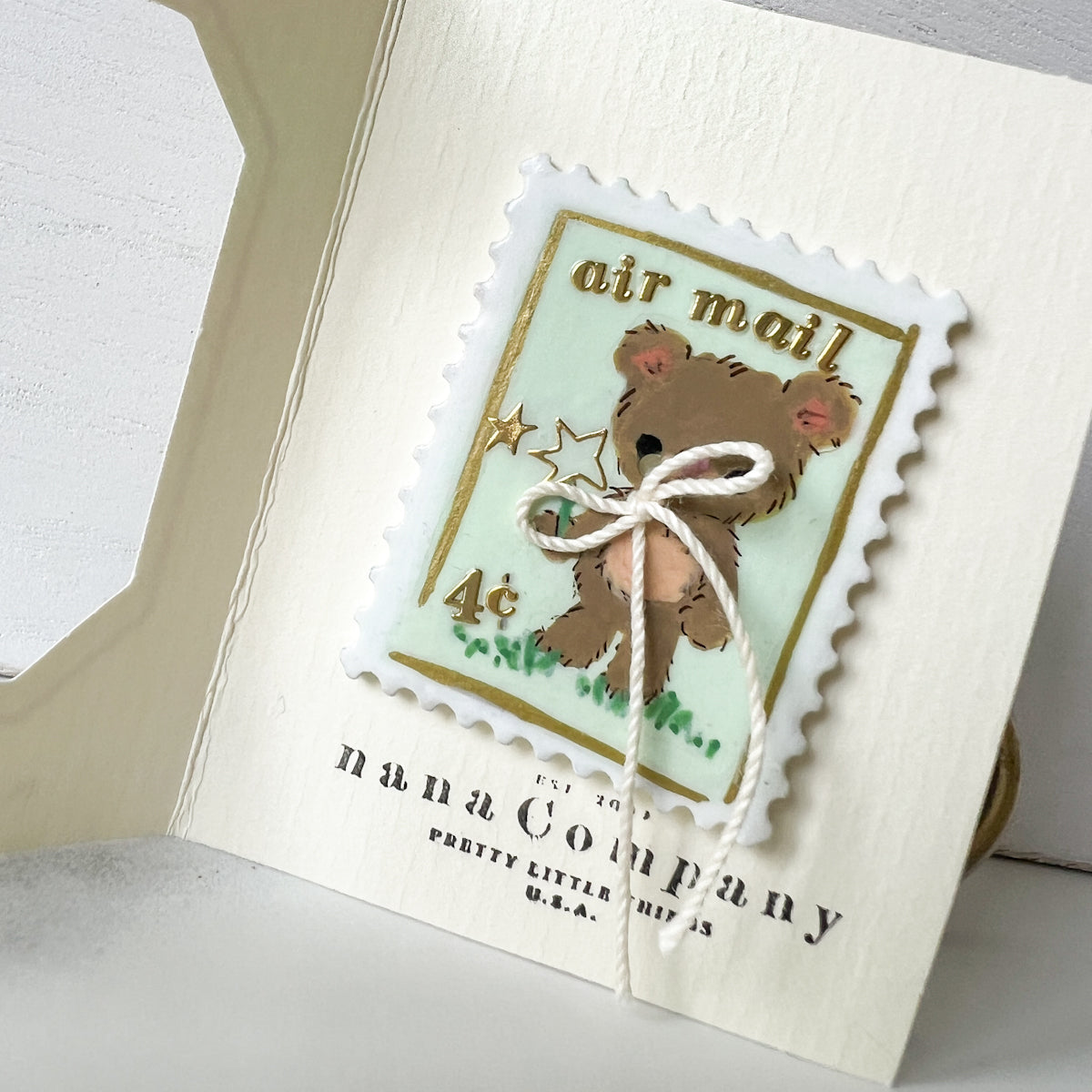 Handpainted Green Bear Stamp Button - One of a Kind