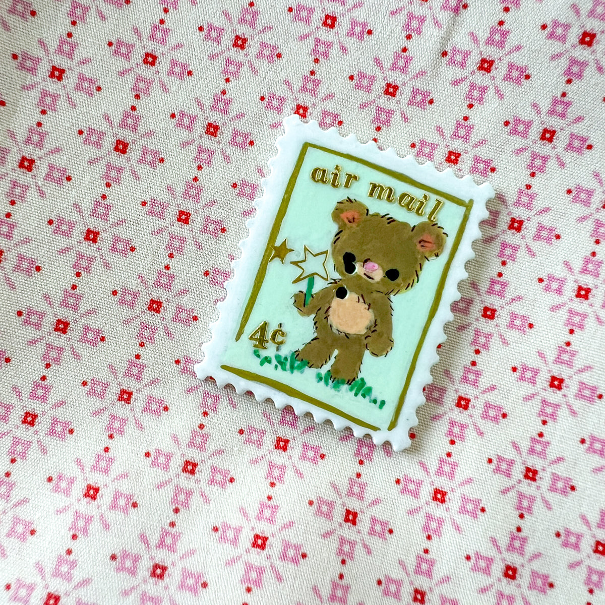 Handpainted Green Bear Stamp Button - One of a Kind