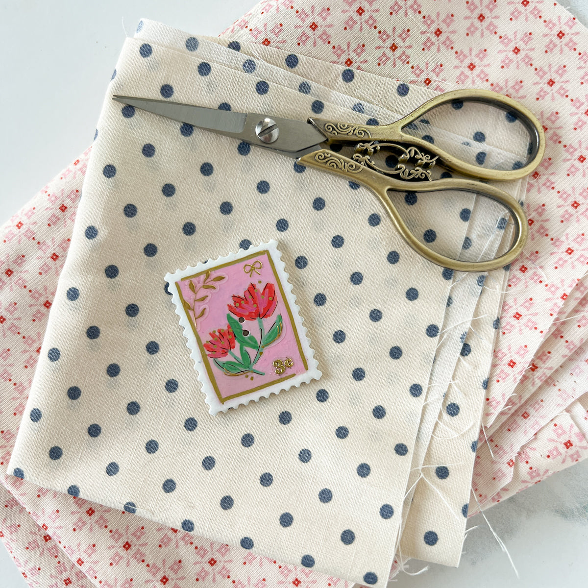 Handpainted Pink Flower Stamp Button - One of a Kind