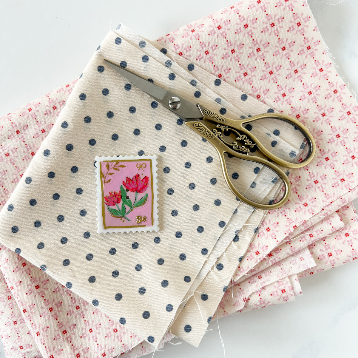 Handpainted Pink Flower Stamp Button - One of a Kind