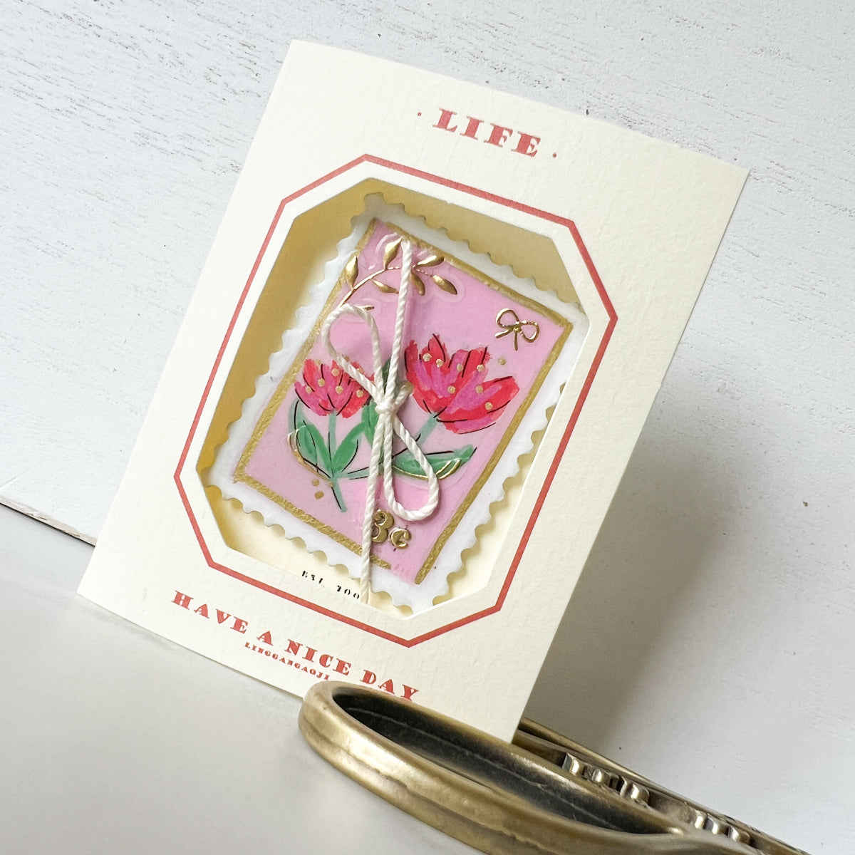 Handpainted Pink Flower Stamp Button - One of a Kind