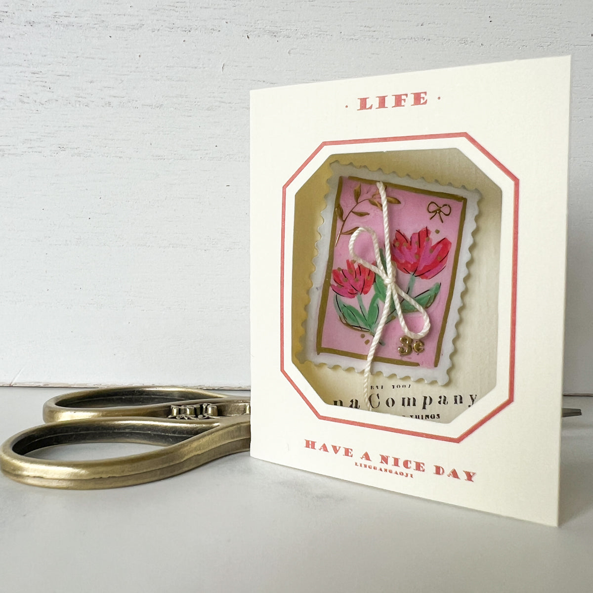 Handpainted Pink Flower Stamp Button - One of a Kind