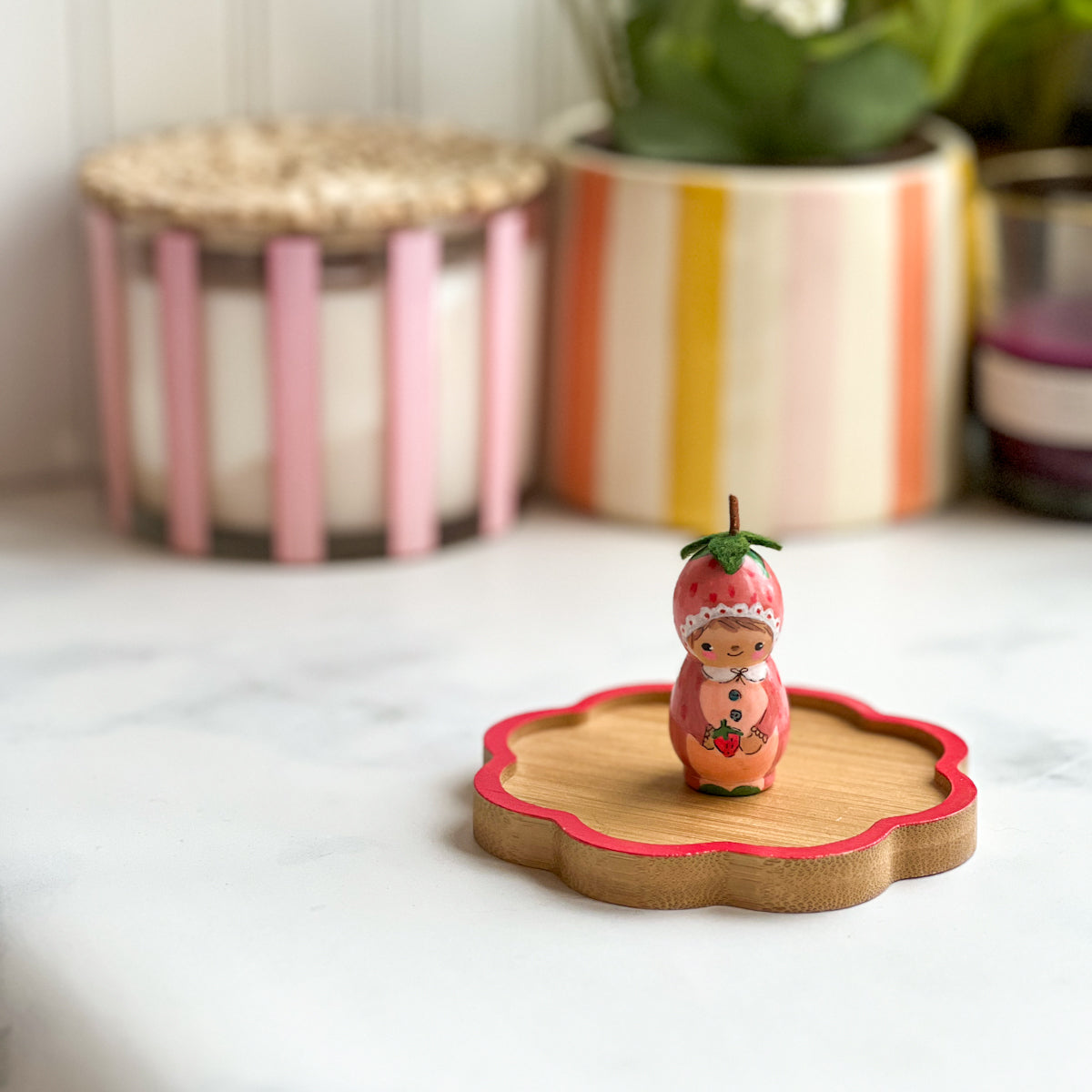 Hand Painted Strawberry Girl Thread Spool Wood Tray | Choose Style