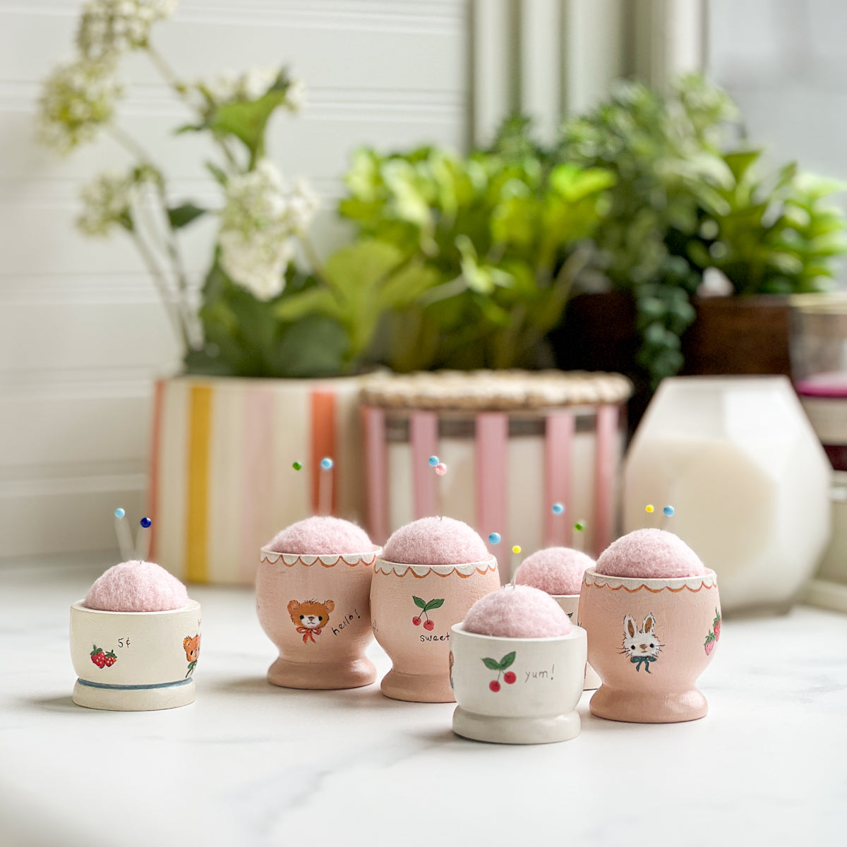 Hand Painted Wood Egg Cup Pin Cushion | No.12
