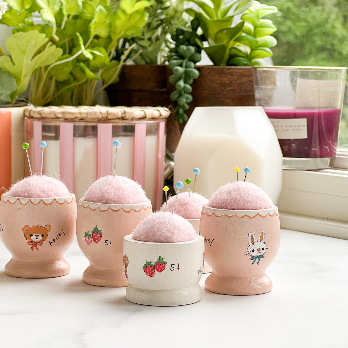 Hand Painted Wood Egg Cup Pin Cushion | No.12