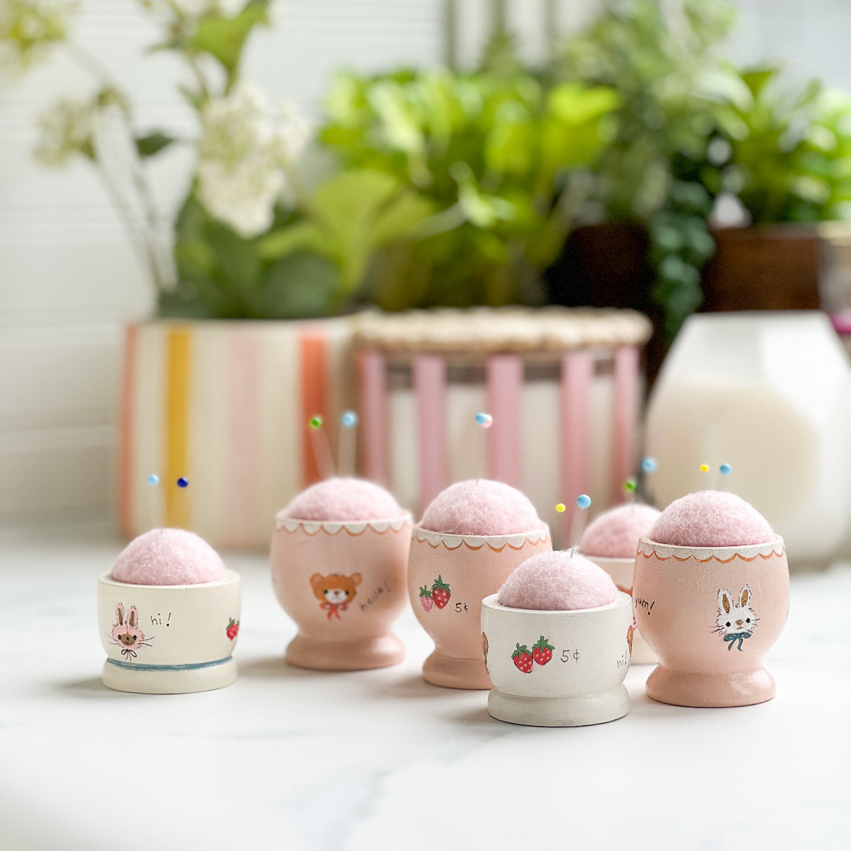 Hand Painted Wood Egg Cup Pin Cushion | No.12