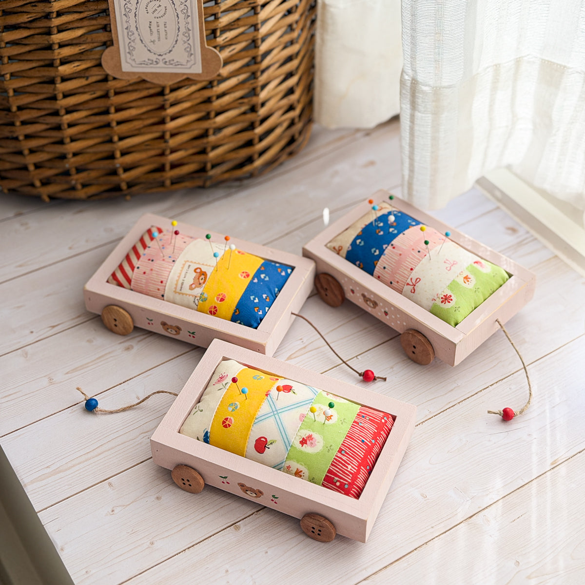 Pink Wood Wagon Pin Cushion | Cherry Bear No.2