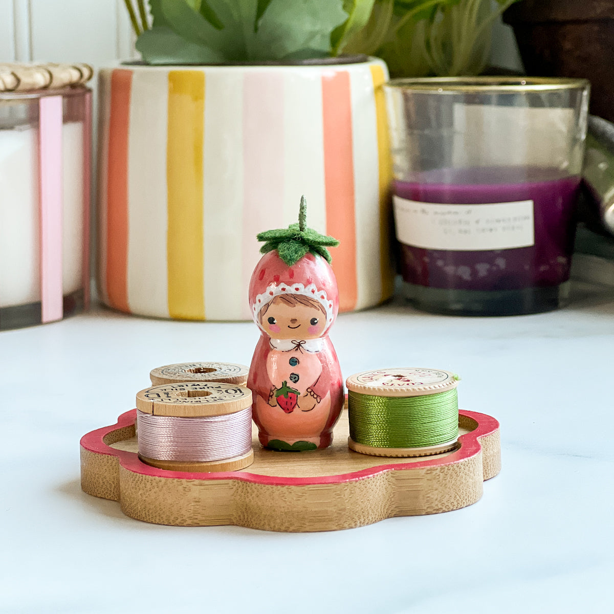 Hand Painted Strawberry Girl Thread Spool Wood Tray | Choose Style