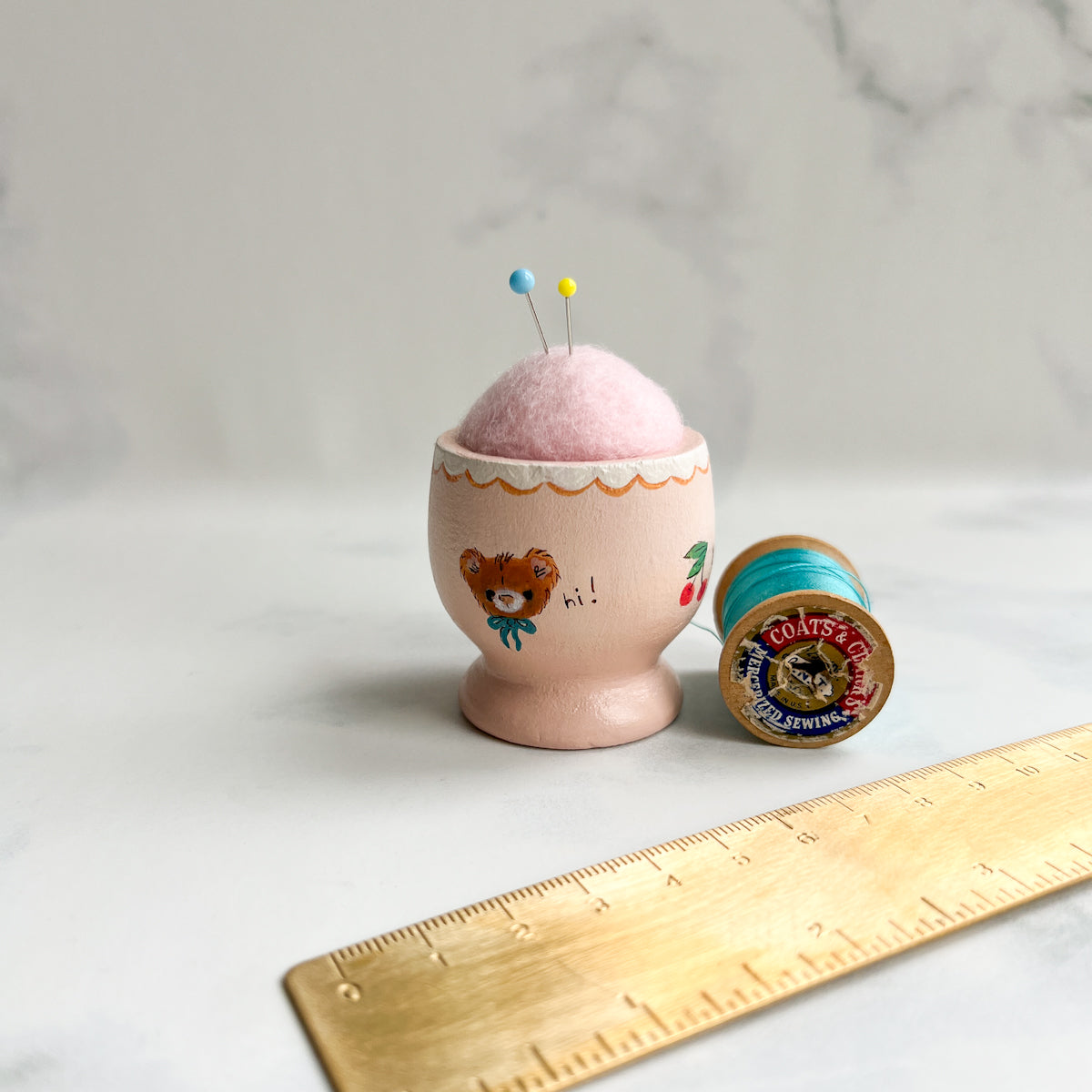 Hand Painted Wood Egg Cup Pin Cushion | No.11