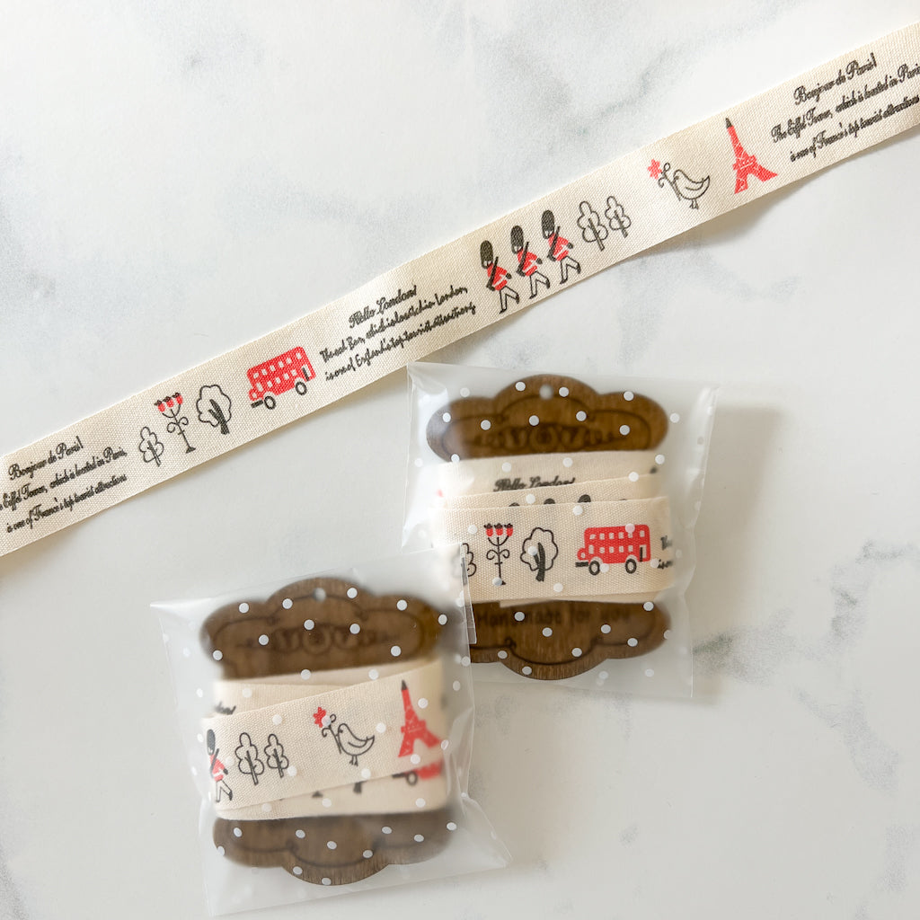 Bonjour Paris - Hello London Printed Cotton Ribbon on Flower Wood Bobbin | 1 yard