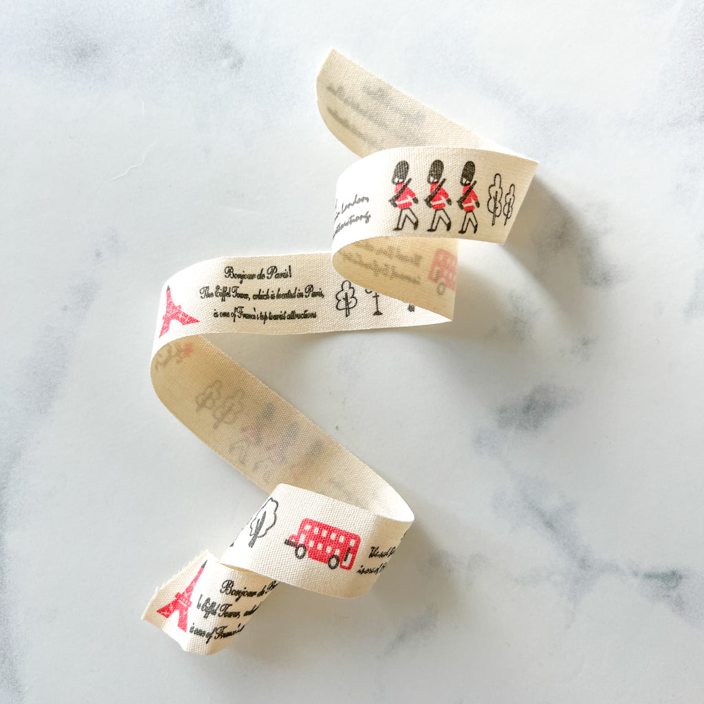 Bonjour Paris - Hello London Printed Cotton Ribbon on Flower Wood Bobbin | 1 yard