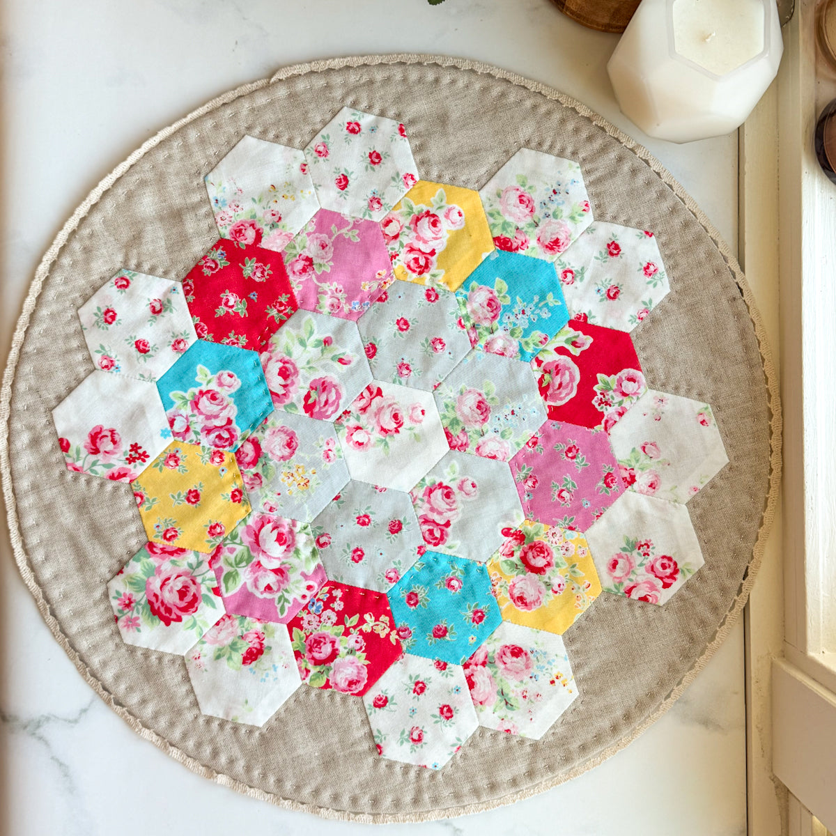 Hand-pieced EPP Lecien Sugar Flower Hexagon Linen Quilted Mat or Table Cover