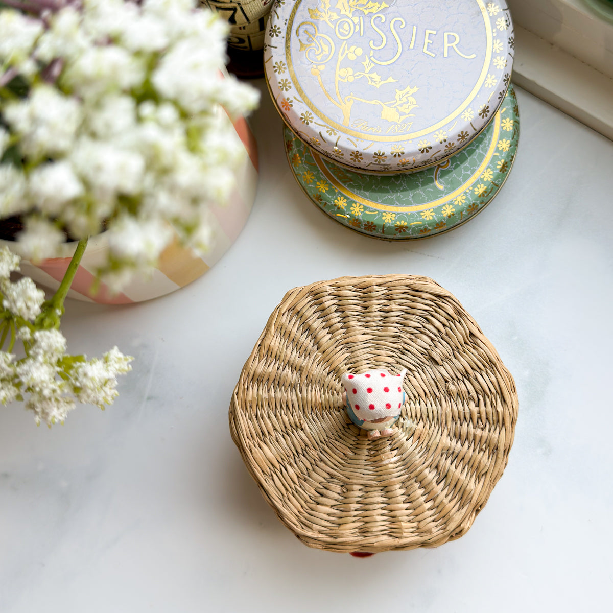 Little Blue Girl on Vintage Lidded Raffia Basket