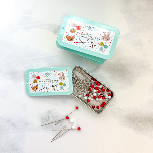 Limited Edition Red & White Fine Glass Head Pins in nanaCompany Mint Green Tin