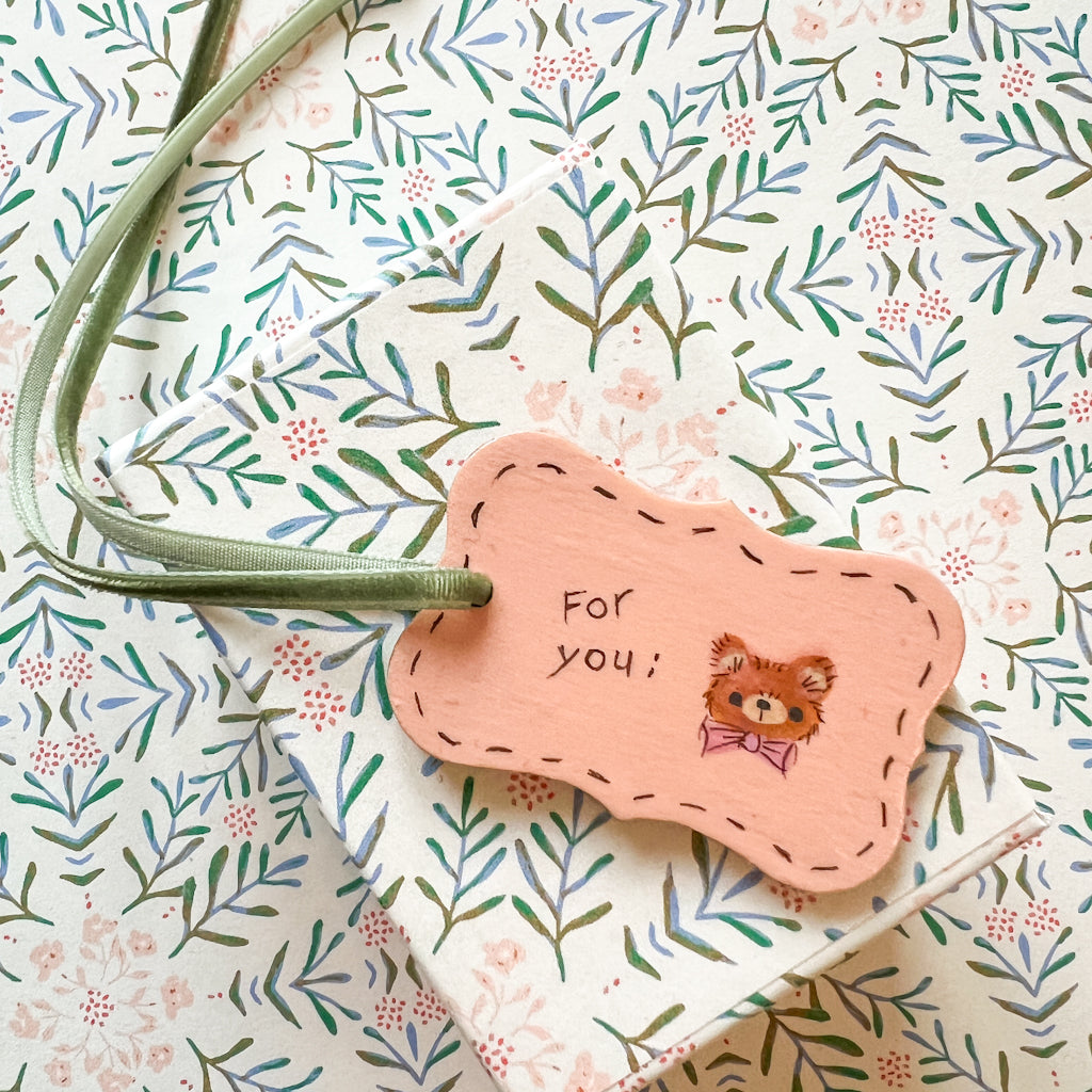 For you Pink Bow Bear Hand Painted Wood Tag