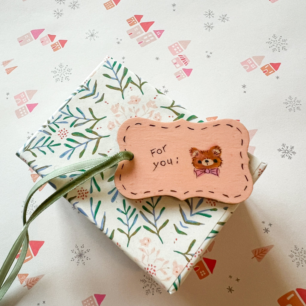 For you Pink Bow Bear Hand Painted Wood Tag
