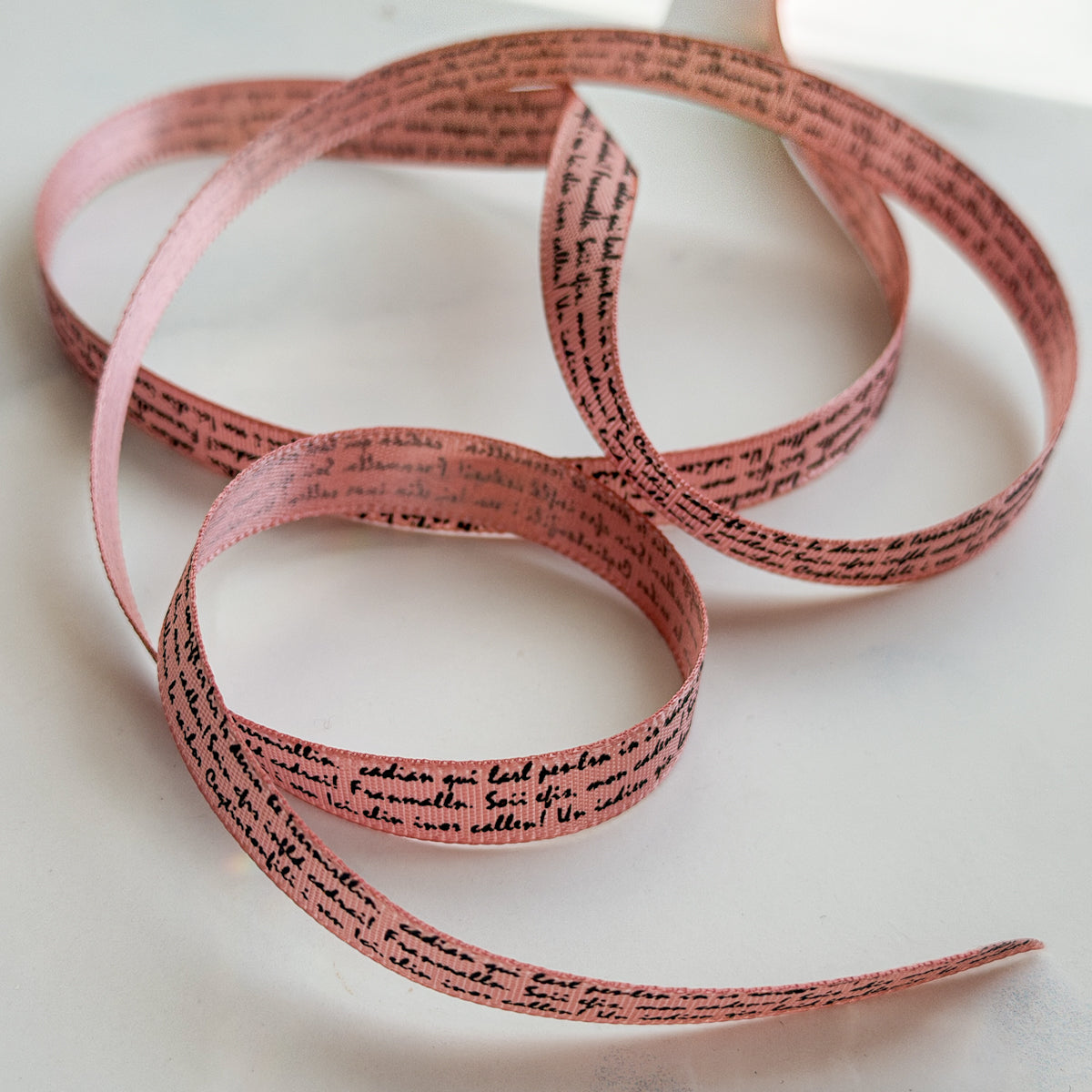 Pink French Script Ribbon on House Wood Bobbin | One yard