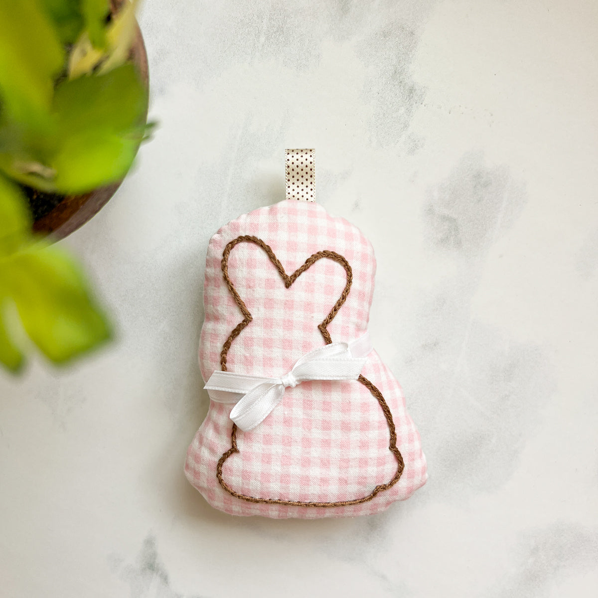 Pink Gingham Chocolate embroidered Bunny Softie Ornament