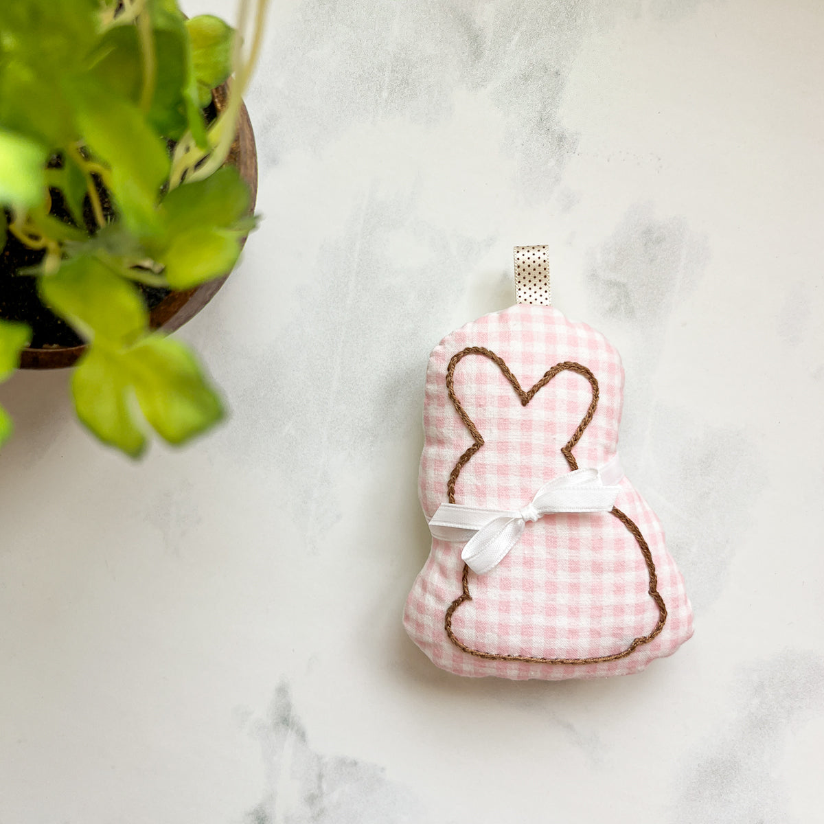 Pink Gingham Chocolate embroidered Bunny Softie Ornament