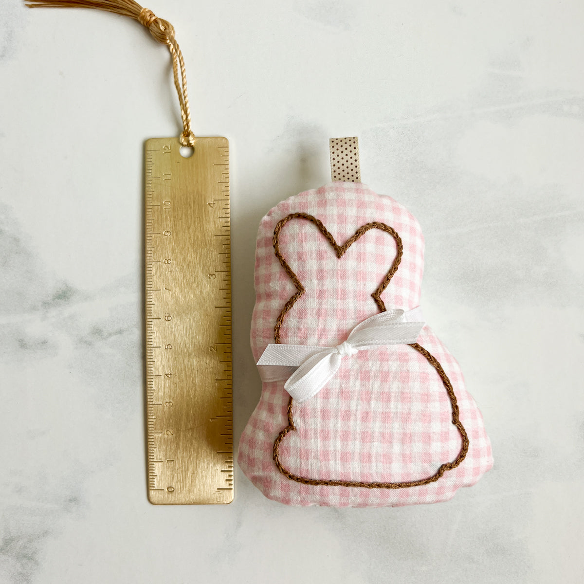 Pink Gingham Chocolate embroidered Bunny Softie Ornament