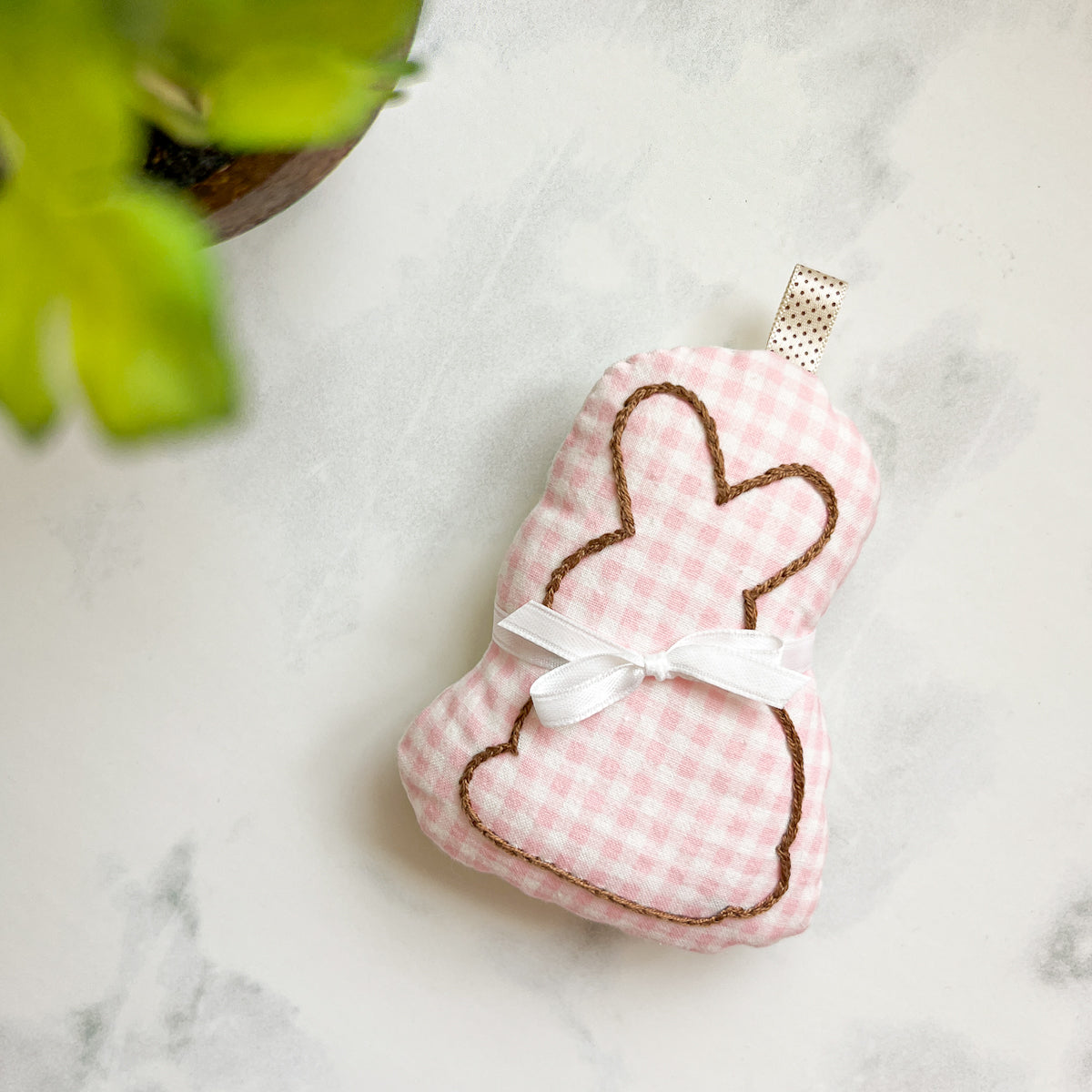 Pink Gingham Chocolate embroidered Bunny Softie Ornament