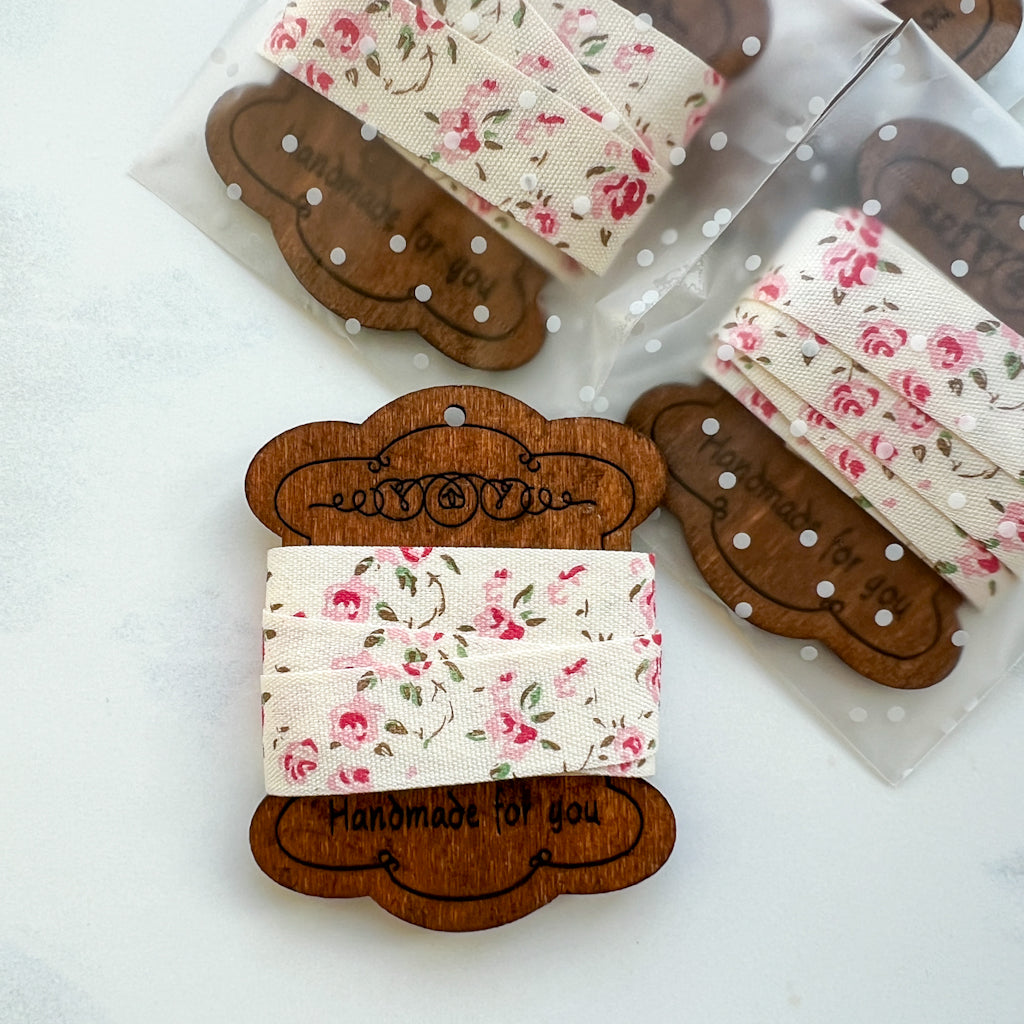 Pink Rose Cotton Ribbon on Flower Wood Bobbin | One yard