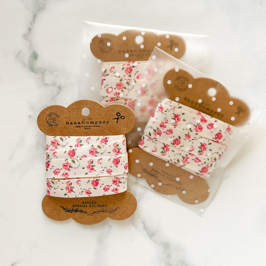 Pink Rose Cotton Ribbon on a Kraft Bobbin | 2 yards