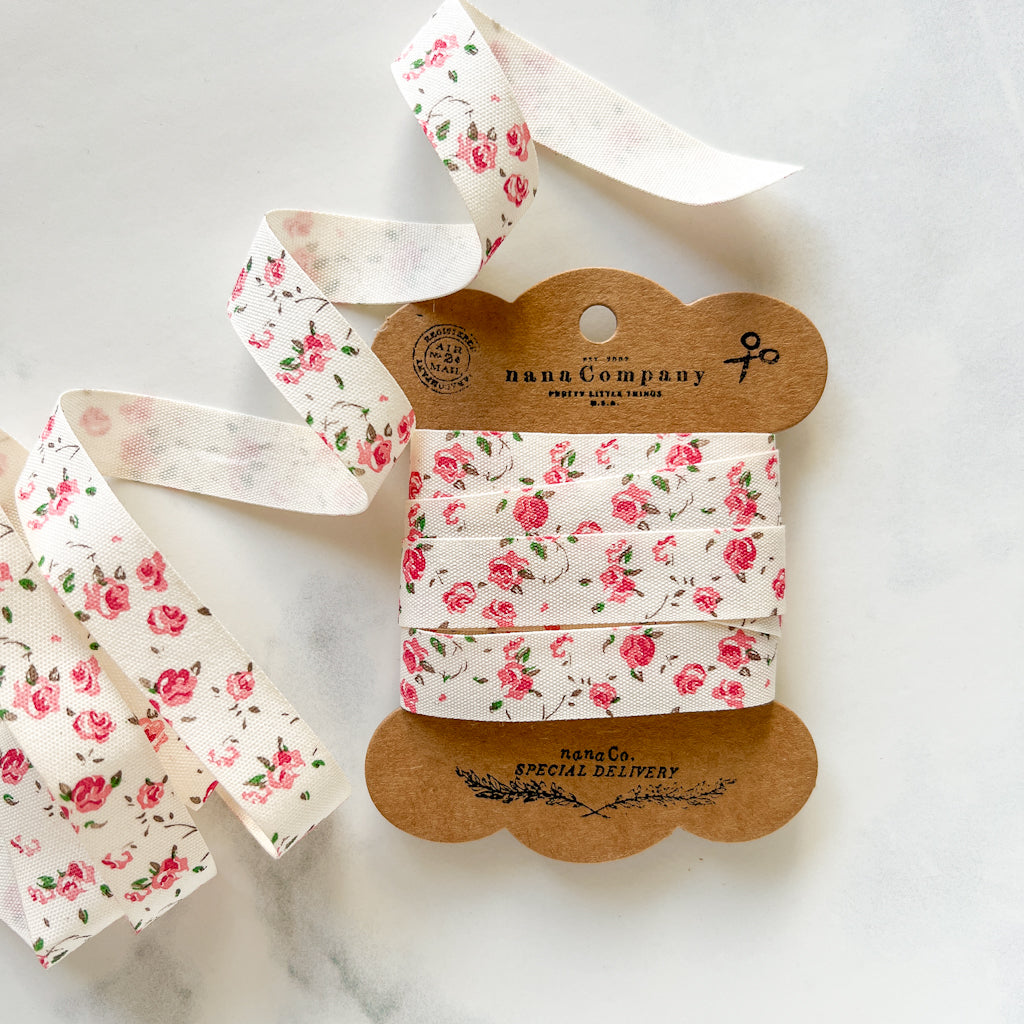 Pink Rose Cotton Ribbon on a Kraft Bobbin | 2 yards