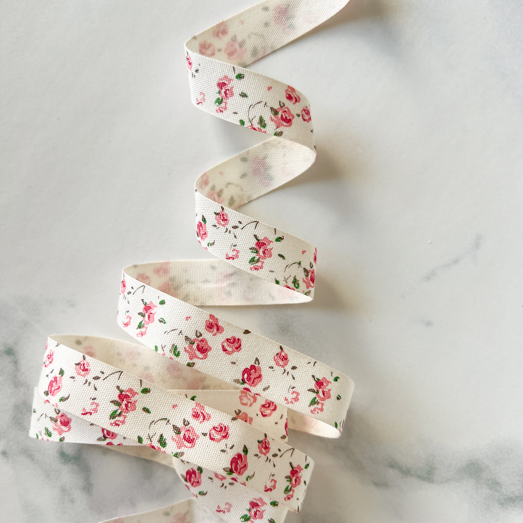 Pink Rose Cotton Ribbon on a Kraft Bobbin | 2 yards