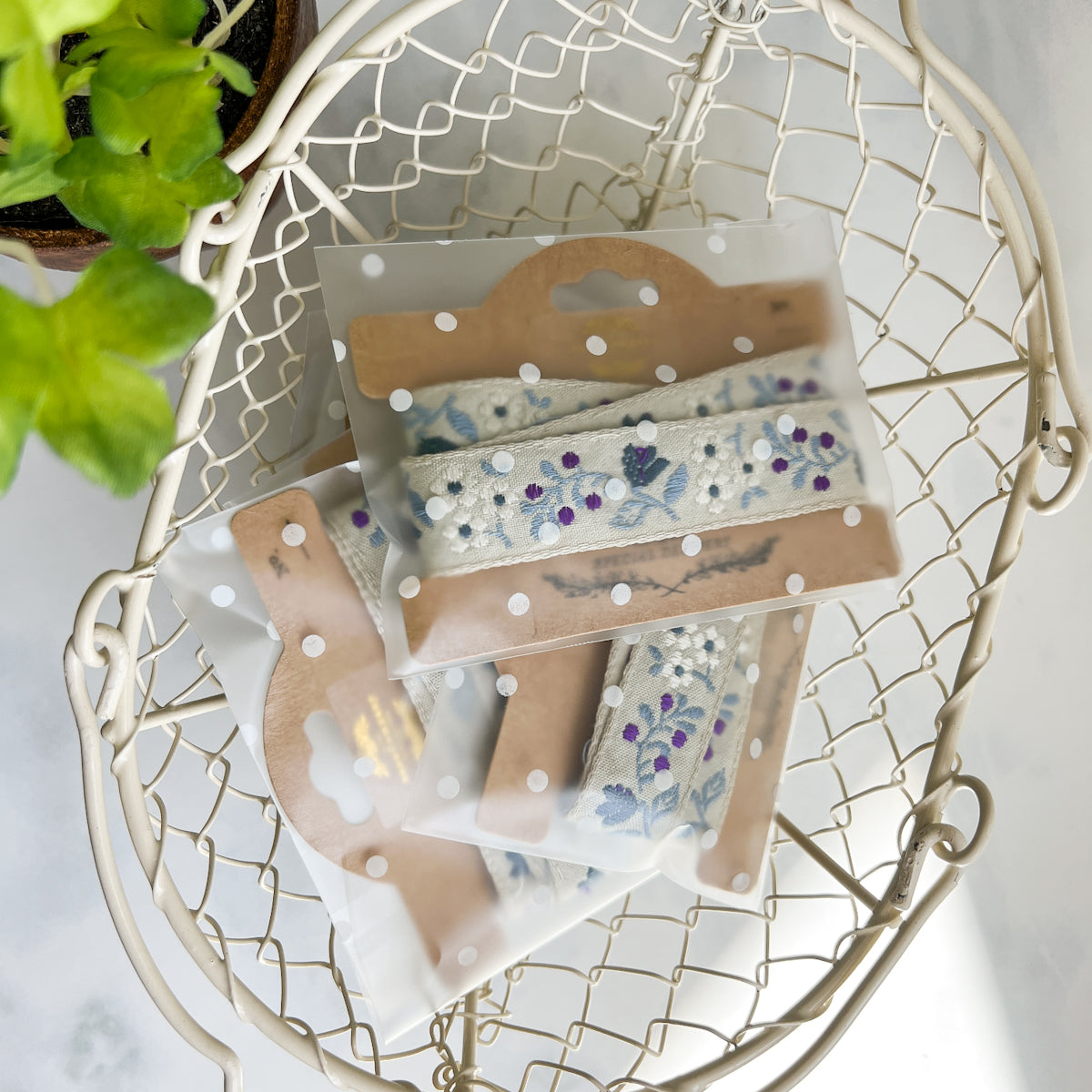 Blue Foliage Purple Berry Woven Ribbon Kraft Bobbin | One yard