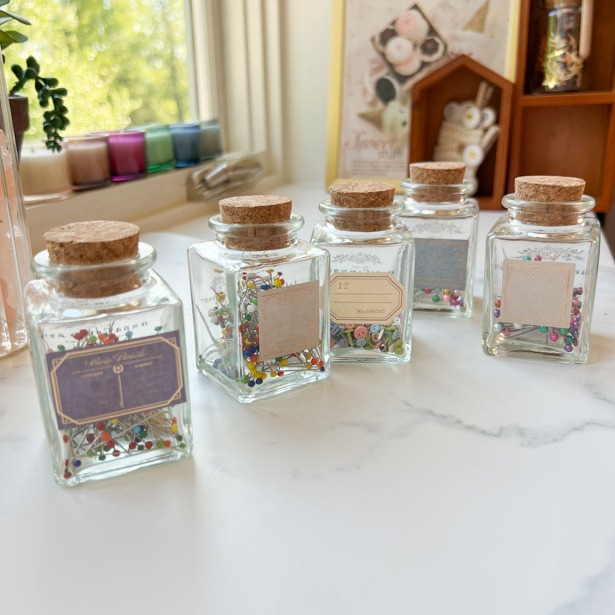Multi-colored Glass Head Fine Pins | Decorative Glass Cork Bottle No.1