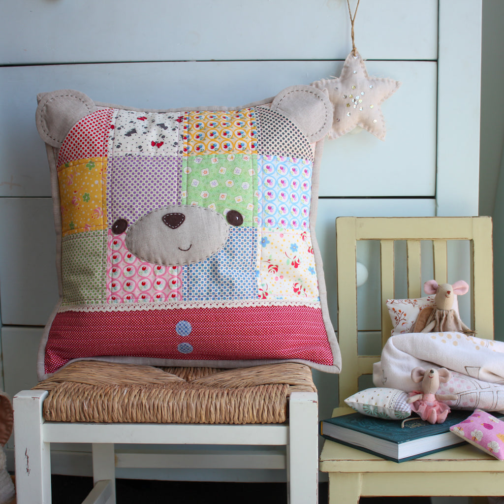 Silly Old Bear Pillow in Retro 30’s Child Smile fabrics