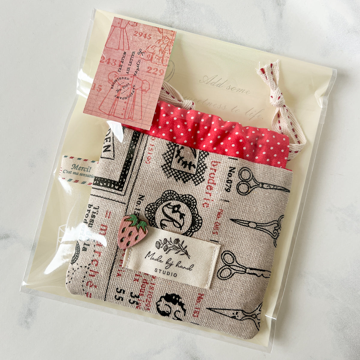 Small Vintage Broderie Linen Drawstring Bag with Hand-painted Strawberry Accent